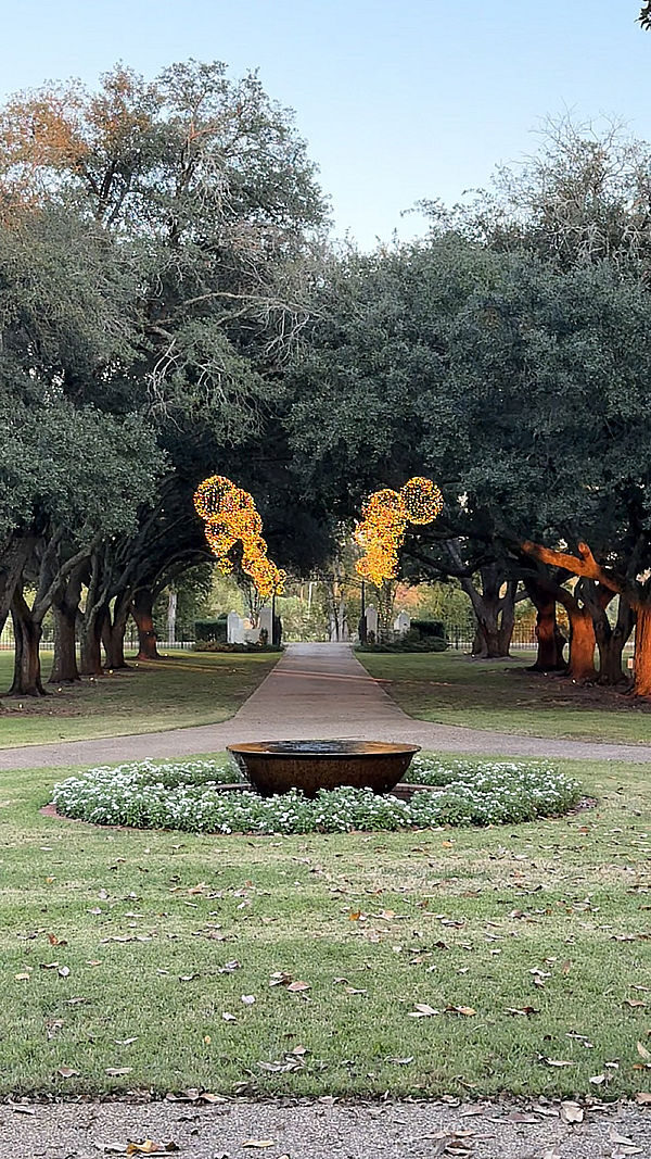 Hooglands Holiday Lighting – 02 Festive holiday lighting along a tree-lined walkway, featuring illuminated orbs and a decorative fountain surrounded by white flowers, showcasing Hoogland's custom holiday lighting services.